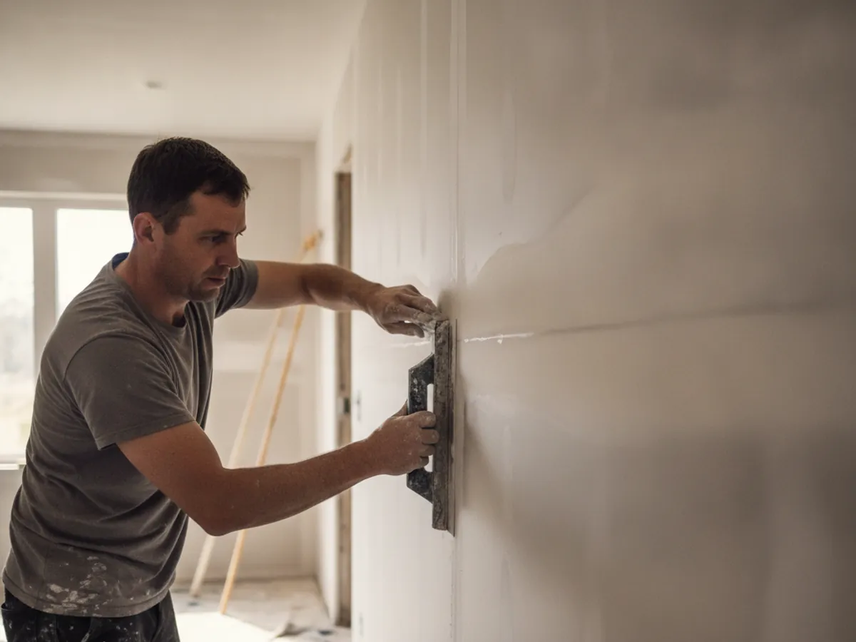Technician taping and mudding a drywall seam in Anthony, TX