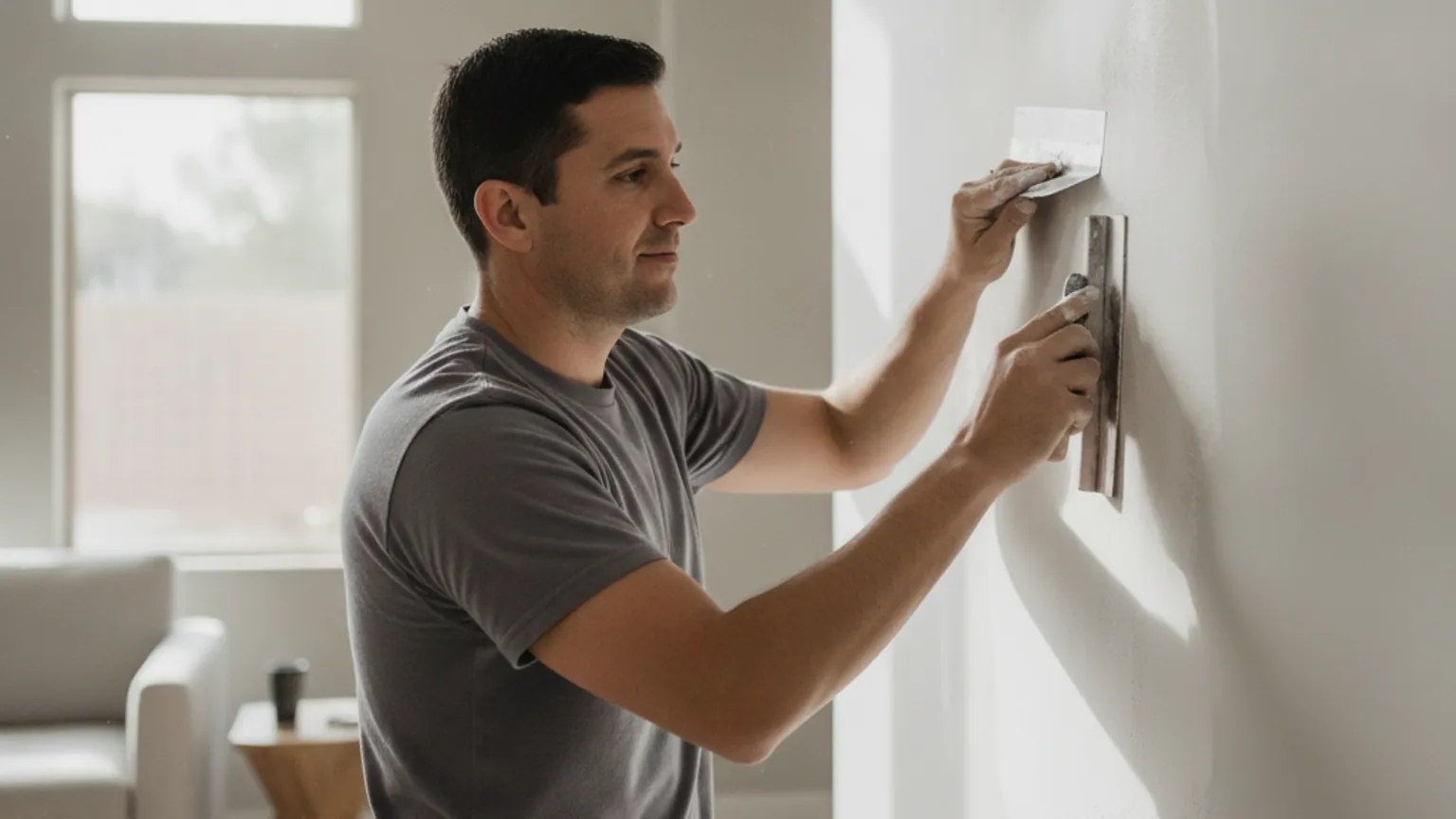 Drywall repair crew finishing a smooth, paint-ready wall in an El Paso home